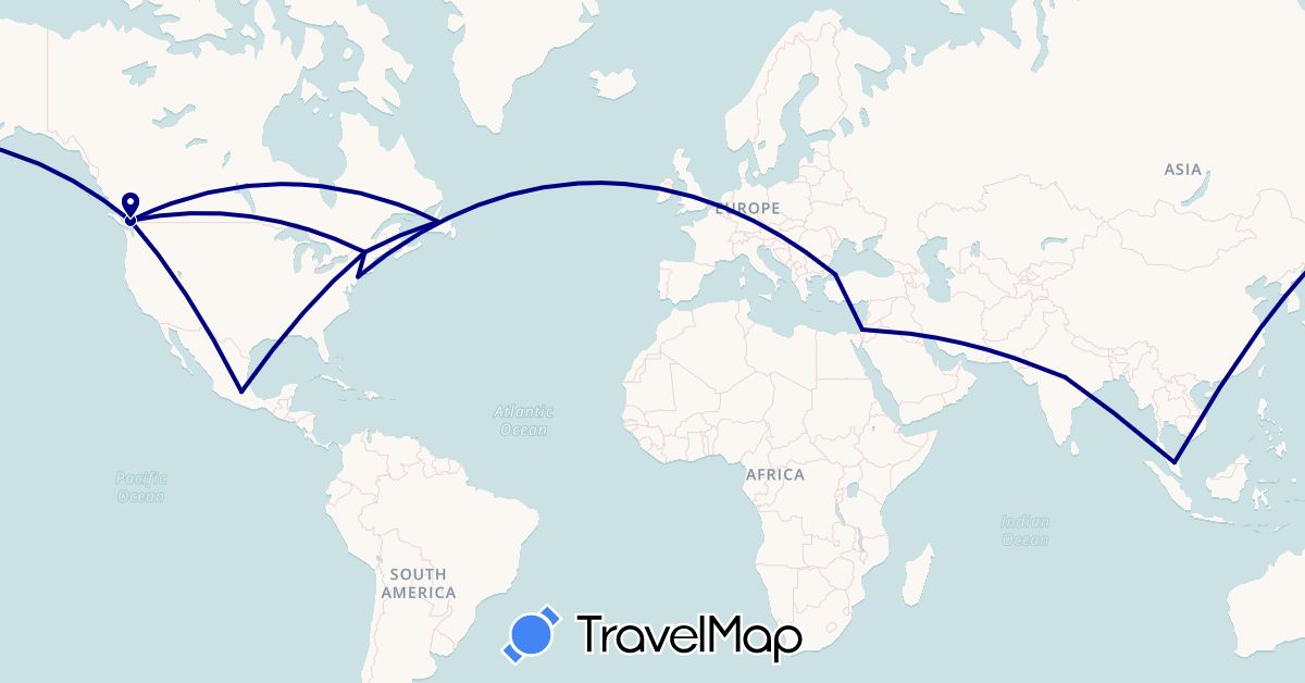 TravelMap itinerary: driving in Canada, Israel, India, Mexico, Malaysia, Turkey, United States (Asia, North America)